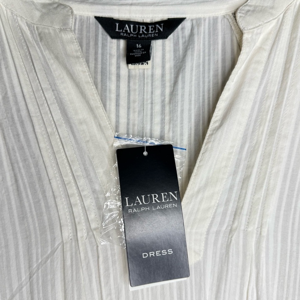 NWT Lauren Ralph Lauren Shadow-Stripe Cotton Tiered Dress Winter Cream Size 16 - Picture 4 of 11